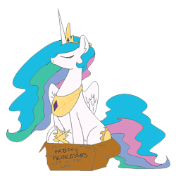 Size: 750x750 | Tagged: safe, artist:nobody, color edit, edit, princess celestia, alicorn, pony, accessories, behaving like a cat, box, cardboard box, colored, crown, cute, cutelestia, ear fluff, eyes closed, female, if i fits i sits, jewelry, mare, pony in a box, pretty princess, regalia, sillestia, silly, silly pony, simple background, sitting, smiling, solo, tiara, transparent background