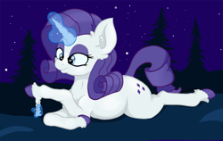 Size: 3833x2430 | Tagged: safe, artist:paskanaakka, derpibooru exclusive, rarity, pony, unicorn, braid, colored hooves, ear fluff, eyeshadow, female, frown, lidded eyes, magic, makeup, mare, night, prone, solo, sploot, stars, telekinesis, tree, unshorn fetlocks