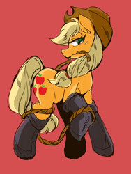 Size: 480x640 | Tagged: safe, artist:wan, applejack, earth pony, pony, clothes, cowboy hat, female, fireproof boots, freckles, hat, mare, raised hoof, red background, rope, simple background, solo, stetson