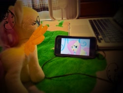 Size: 3264x2448 | Tagged: safe, fluttershy, the crystalling, computer, irl, laptop computer, phone, photo, plushie, smartphone