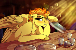 Size: 3000x2000 | Tagged: safe, artist:lupiarts, derpibooru import, spitfire, pegasus, pony, alcohol, angry, bar, booze, bottle, drunk, female, glass, mare, pub, solo