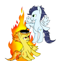 Size: 3000x3000 | Tagged: safe, artist:rainbowtashie, derpibooru import, soarin', spitfire, pegasus, pony, angry, annoyed, cross-popping veins, duo, female, fire, frying pan, male, mare, mundane utility, simple background, spitfire's hair is fire, stallion, transparent background