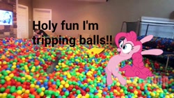 Size: 1280x720 | Tagged: safe, pinkie pie, human, ball pit, jumping, open mouth, pun, smiling, wide eyes