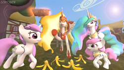 Size: 3840x2160 | Tagged: safe, artist:goatcanon, daybreaker, princess celestia, alicorn, pony, a royal problem, 3d, banana peel, cewestia, cute, cutelestia, female, filly, laughing, lazytown, lens flare, levitation, magic, meme, multeity, pink-mane celestia, self ponidox, source filmmaker, telekinesis, tongue out, we are number one, young, younger