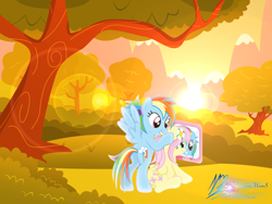 Size: 8000x6000 | Tagged: safe, artist:nightmaremoons, derpibooru import, fluttershy, rainbow dash, pegasus, pony, absurd resolution, duo, flower, flower in hair, lens flare, scenery, spread wings, sunset, tree, wings