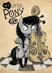 Size: 500x700 | Tagged: safe, artist:shepherd0821, octavia melody, earth pony, pony, alternate hairstyle, bipedal, bow (instrument), cello, cello bow, clothes, female, mare, musical instrument, socks, stockings, style emulation, tim burton