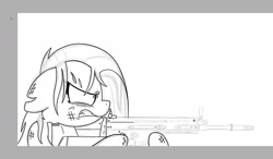 Size: 1532x897 | Tagged: safe, artist:fakskis, pinkie pie, earth pony, pony, aiming, bruised, cut, gun, holding hooves, messy mane, monochrome, pinkamena diane pie, scar, scratches, solo, weapon, wip
