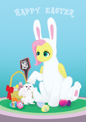 Size: 1800x2546 | Tagged: safe, artist:alexyorim, angel bunny, fluttershy, pegasus, pony, 2016, angel is not amused, bunny costume, clothes, costume, easter, easter bunny, easter egg, vector