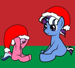 Size: 465x421 | Tagged: safe, artist:dekomaru, oc, oc only, oc:aurora, oc:nebula, unicorn, blank flank, brother and sister, christmas, clothes, colt, cute, female, filly, hat, magical lesbian spawn, male, offspring, onesie, pajamas, parent:trixie, parent:twilight sparkle, parents:twixie, santa hat, siblings, tumblr:ask twixie
