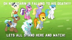 Size: 1024x576 | Tagged: safe, derpibooru import, edit, edited screencap, screencap, cloud kicker, fleetfoot, lightning bolt, soarin', spitfire, white lightning, pegasus, pony, rainbow falls, abradacanter, background pony, dark comedy, female, funny, haymaker, implied soarin', looking up, male, mare, stallion, text, unnamed pony