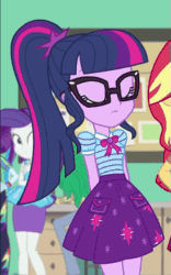 Size: 675x1080 | Tagged: safe, screencap, rainbow dash, rarity, sci-twi, sunset shimmer, twilight sparkle, better together, equestria girls, forgotten friendship, adorkable, animated, cropped, cute, dork, gif, glasses, ponytail, twiabetes