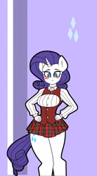 Size: 1722x3122 | Tagged: safe, artist:franschesco, rarity, anthro, beautiful, blushing, clothes, cute, miniskirt, plaid, plaid skirt, pleated skirt, raribetes, skirt, smiling, solo, thighs