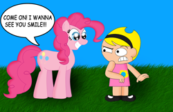 Size: 800x519 | Tagged: safe, artist:cyber-murph, pinkie pie, earth pony, pony, creepy smile, crossover, mandy, speech bubble, the grim adventures of billy and mandy, uncomfortable, xk-class end-of-the-world scenario