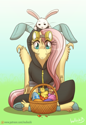 Size: 800x1159 | Tagged: safe, artist:inuhoshi-to-darkpen, angel bunny, fluttershy, pegasus, pony, basket, bunny ears, chick, clothes, costume, dangerous mission outfit, easter, easter egg, female, goggles, hoodie, mare, patreon, patreon logo, unshorn fetlocks