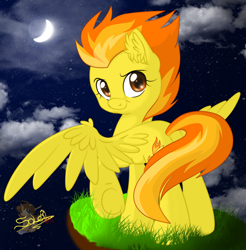 Size: 786x800 | Tagged: safe, artist:unisoleil, derpibooru import, spitfire, pegasus, pony, cloud, crescent moon, cutefire, ear fluff, female, looking back, mare, moon, night, solo, underhoof, wing fluff