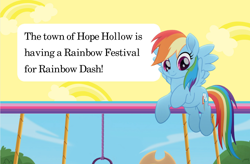 Size: 2090x1370 | Tagged: safe, derpibooru import, rainbow dash, pegasus, pony, rainbow roadtrip, spoiler:book, cute, dashabetes, implied hope hollow, solo focus, text