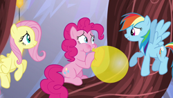 Size: 640x360 | Tagged: safe, derpibooru import, screencap, fluttershy, pinkie pie, rainbow dash, earth pony, pegasus, pony, the one where pinkie pie knows, balloon, blowing up balloons, chandelier, female, hyperventilating, mare, puffy cheeks, smiling, trio