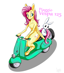 Size: 1915x2152 | Tagged: safe, artist:gun-modoki, angel bunny, fluttershy, anthro, rabbit, unguligrade anthro, animal, moped, motorcycle, nudity, shadow, simple background, sitting, text, vespa, white background