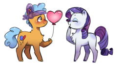 Size: 1268x676 | Tagged: safe, artist:s1nb0y, rarity, twisty pop, earth pony, pony, unicorn, forever filly, balloon, chest fluff, female, heart, male, shipping, simple background, smiling, straight, twistity, white background