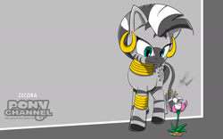 Size: 1920x1200 | Tagged: safe, artist:fuzon-s, derpibooru import, zecora, zebra, crossover, flower, looking down, pony channel, sketch, smiling, solo, sonic channel, sonic the hedgehog (series), style emulation, wallpaper, yuji uekawa style