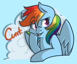 Size: 1944x1606 | Tagged: safe, artist:modularpon, derpibooru import, rainbow dash, pegasus, pony, bust, cloud, dialogue, female, insult, mare, sky, solo, vulgar