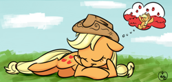 Size: 1074x513 | Tagged: safe, artist:notenoughapples, applejack, earth pony, pony, apple, cute, dream, jackabetes, sleeping, solo, that pony sure does love apples, thought bubble