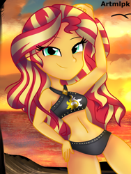 Size: 1536x2048 | Tagged: safe, artist:artmlpk, sunset shimmer, equestria girls, equestria girls series, adorasexy, adorkable, beach, beach babe, beautiful, belly, bikini, clothes, cute, dork, hair, hand on head, hand on hip, looking at you, ocean, outfit, sexy, shimmerbetes, smiling, smiling at you, smirk, smug, smugset shimmer, solo, summer sunset, sunset, swimsuit, two-piece swimsuit