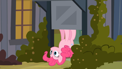 Size: 1366x768 | Tagged: safe, screencap, pinkie pie, earth pony, pony, a friend in deed, door, gravity, in which pinkie pie forgets how to gravity, pinkie being pinkie, pinkie physics, solo, upside down