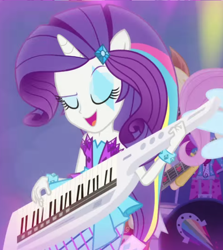 Size: 684x768 | Tagged: dead source, safe, artist:rivalcat, edit, edited screencap, screencap, applejack, fluttershy, rarity, equestria girls, rainbow rocks, cropped, horn, keytar, musical instrument, ponied up, pony ears