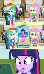 Size: 1280x2142 | Tagged: safe, derpibooru import, edit, edited screencap, screencap, aqua blossom, drama letter, fluttershy, rainbow dash, spike, twilight sparkle, watermelody, dog, equestria girls, rainbow rocks, background human, bikini, cellphone, clothes, comic, phone, rainbow dash phone meme, rainbow dash's phone, screencap comic, smartphone, spike the dog, spike's dog collar, swimsuit