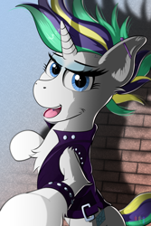 Size: 3000x4500 | Tagged: safe, artist:raptorpwn3, rarity, pony, unicorn, it isn't the mane thing about you, absurd resolution, alternate hairstyle, bracelet, brick wall, clothes, ear piercing, eyeshadow, industrial piercing, jacket, jewelry, makeup, piercing, punk, raripunk, solo, tongue piercing, wall