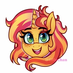 Size: 1500x1500 | Tagged: safe, artist:katakiuchi4u, sunset shimmer, pony, unicorn, :d, bust, cute, female, freckles, happy, head only, looking at you, mare, open mouth, portrait, shimmerbetes, simple background, smiling, solo, white background