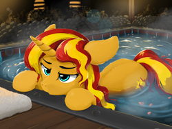 Size: 2048x1536 | Tagged: safe, artist:qzygugu, sunset shimmer, pony, unicorn, equestria girls, female, floppy ears, hot springs, lidded eyes, mare, not fiery shimmer, relaxed, towel