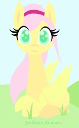 Size: 557x892 | Tagged: safe, artist:alicornkimono, fluttershy, pegasus, pony, female, flat colors, folded wings, full face view, grass, hairband, lineless, looking at you, mare, missing cutie mark, prone, solo, wings