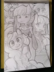 Size: 768x1024 | Tagged: safe, artist:umeguru, limestone pie, marble pie, pinkie pie, anthro, semi-anthro, alternate hairstyle, arm hooves, traditional art