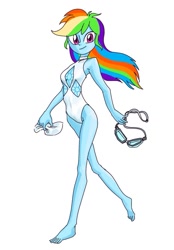 Size: 709x1021 | Tagged: safe, artist:dadss_rootbeer, derpibooru import, rainbow dash, equestria girls, clothes, cutie mark, implied rarity, looking at you, one-piece swimsuit, simple background, smiling, solo, swimsuit, white background