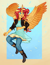 Size: 1700x2200 | Tagged: safe, artist:cuttledreams, sunset shimmer, human, equestria girls, alicornified, clothes, curved horn, female, horn, horned humanization, humanized, race swap, shimmercorn, solo, winged humanization, wings