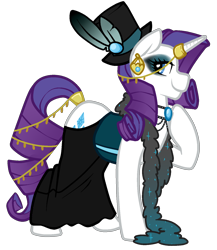 Size: 1292x1487 | Tagged: safe, artist:/d/non, rarity, pony, unicorn, cabaret goth, ear piercing, earring, eyelashes, eyeshadow, feather, feather boa, female, goth, gothity, hat, horn ring, jewel, jewelry, lidded eyes, makeup, mare, necklace, piercing, simple background, tail ring, top hat, transparent background