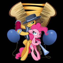 Size: 1000x1000 | Tagged: safe, artist:sambragg, cheese sandwich, pinkie pie, pony, semi-anthro, accordion, balloon, bipedal, bugle mistaken for a trumpet, clothes, cutie mark, hat, musical instrument, poncho, trumpet