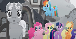 Size: 960x492 | Tagged: safe, derpibooru import, screencap, applejack, fluttershy, pinkie pie, rainbow dash, rarity, sunny skies, twilight sparkle, twilight sparkle (alicorn), alicorn, earth pony, pegasus, pony, unicorn, rainbow roadtrip, desaturated, hope hollow