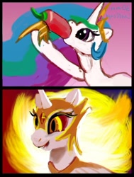 Size: 500x661 | Tagged: safe, artist:xbi, derpibooru exclusive, daybreaker, princess celestia, alicorn, pony, a royal problem, 30 minute art challenge, food, pepper, throat bulge