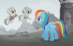 Size: 960x612 | Tagged: safe, derpibooru import, screencap, barley barrel, pickle barrel, rainbow dash, pegasus, pony, rainbow roadtrip, barrel twins, butt, clothes, desaturated, female, filly, flying, foal, hope hollow, male, mare, plot, siblings, sweater, twins