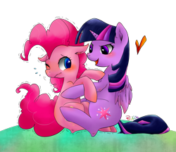 Size: 1500x1298 | Tagged: safe, artist:phyllismi, derpibooru import, pinkie pie, twilight sparkle, twilight sparkle (alicorn), alicorn, earth pony, pony, blushing, female, lesbian, mare, shipping, twinkie