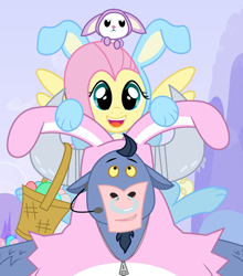 Size: 704x800 | Tagged: safe, artist:creepycurse, angel bunny, fluttershy, iron will, minotaur, pegasus, pony, rabbit, angelbetes, animal, bunception, buncursion, bunny costume, clothes, cute, easter, microphone, nose piercing, nose ring, piercing, redundant, the bun has been doubled, trio, willabetes