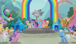 Size: 960x556 | Tagged: safe, derpibooru import, screencap, applejack, barley barrel, fluttershy, kerfuffle, petunia petals, pickle barrel, pinkie pie, rainbow dash, rarity, sunny skies, torque wrench, twilight sparkle, twilight sparkle (alicorn), alicorn, earth pony, pegasus, pony, unicorn, rainbow roadtrip, spoiler:book, amputee, background pony, barrel twins, blue pony, dot cutie mark, female, green pony, hope hollow, male, mane six, mare, orange pony, prosthetic leg, prosthetic limb, prosthetics, repair pony, siblings, stallion, statue, twins, unnamed pony, yellow pony