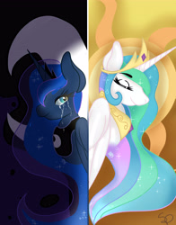 Size: 3850x4900 | Tagged: safe, artist:cottonbreeze, princess celestia, princess luna, alicorn, pony, absurd resolution, bust, crying, duo