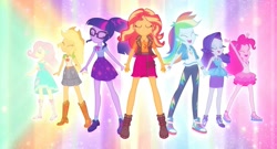 Size: 1899x1022 | Tagged: safe, screencap, applejack, fluttershy, pinkie pie, rainbow dash, rarity, sci-twi, sunset shimmer, twilight sparkle, cheer you on, equestria girls, equestria girls series, spoiler:eqg series (season 2), armpits, boots, colored background, converse, eyes closed, geode of empathy, geode of fauna, geode of shielding, geode of sugar bombs, geode of super speed, geode of super strength, geode of telekinesis, glasses, hairband, high heels, humane five, humane seven, humane six, jewelry, magical geodes, multicolored hair, necklace, open mouth, open smile, pencil skirt, pendant, ponytail, rah rah skirt, rarity peplum dress, shoes, skirt, sleeveless, smiling, sneakers, tanktop, transformation