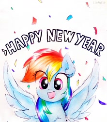 Size: 2322x2622 | Tagged: safe, artist:liaaqila, derpibooru import, rainbow dash, pegasus, pony, confetti, cute, dashabetes, happy, happy new year, happy new year 2020, holiday, looking at you, simple background, smiling, solo, spread wings, wings