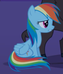 Size: 385x451 | Tagged: safe, derpibooru import, screencap, rainbow dash, pegasus, pony, over a barrel, cropped, cute, dashabetes, female, mare, sitting, solo focus, worried