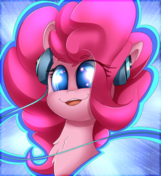 Size: 2700x2950 | Tagged: safe, artist:madacon, pinkie pie, earth pony, pony, bust, color porn, colored pupils, headphones, portrait, smiling, solo